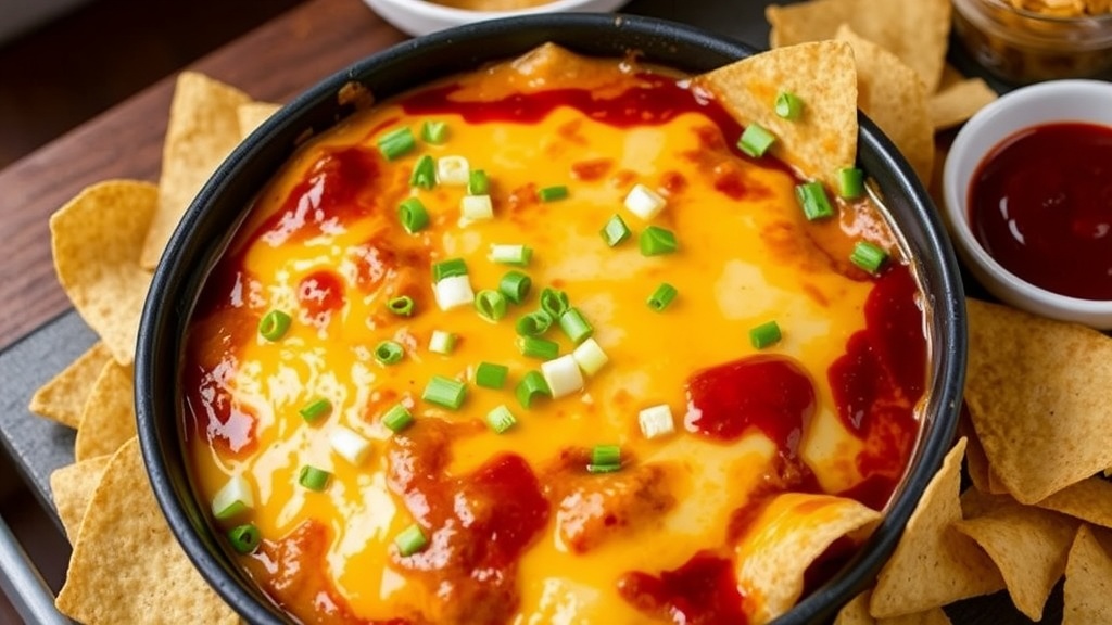 A cheesy BBQ Smoky Queso Fundido with tortilla chips, garnished with green onions, ideal for parties.